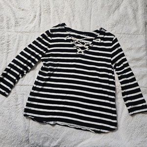 Old Navy Black and White Stripe 3/4 Sleeve Shirt with Laced Front L